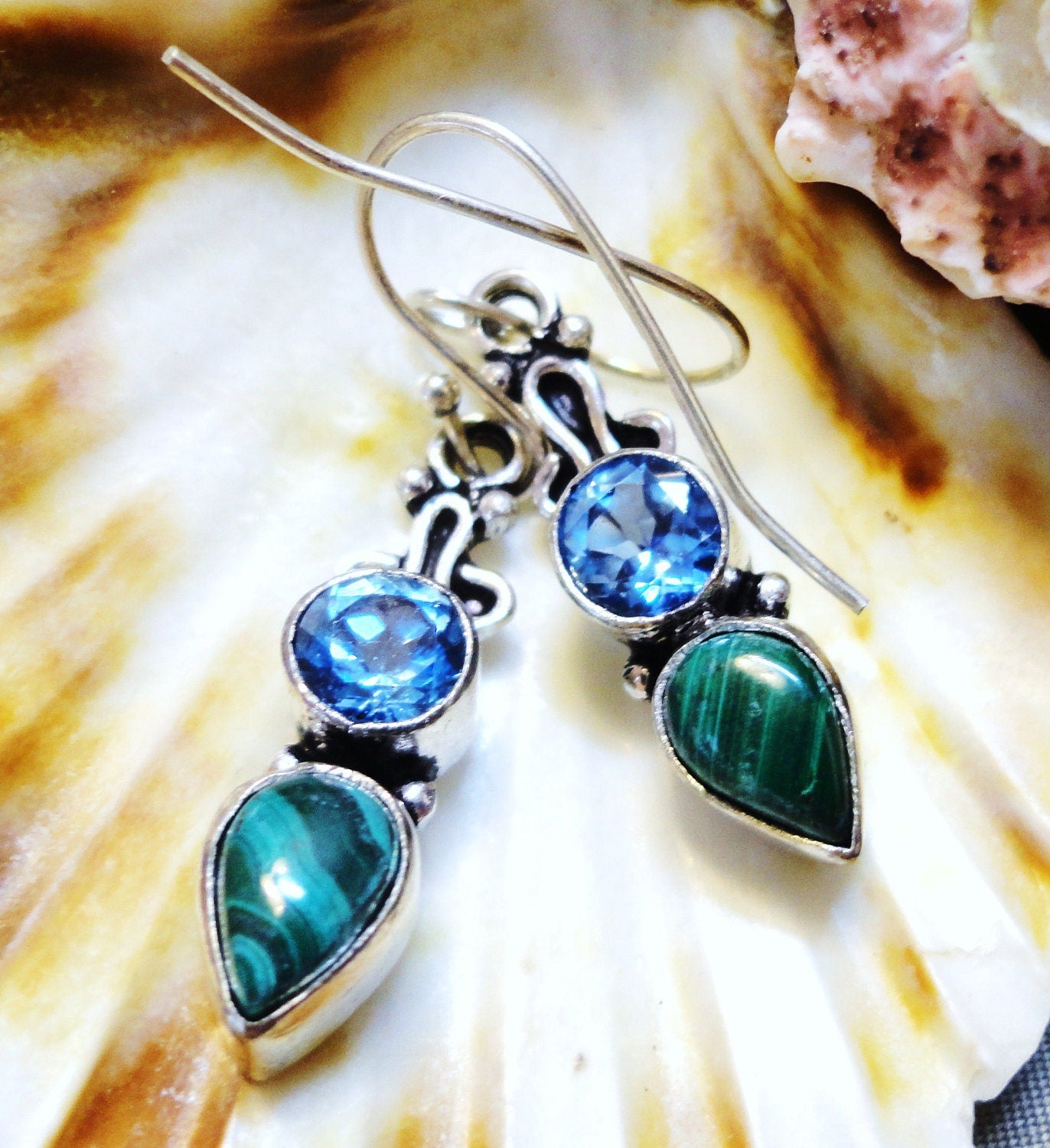 Malachite and Swiss Blue Topaz Encased in Silver