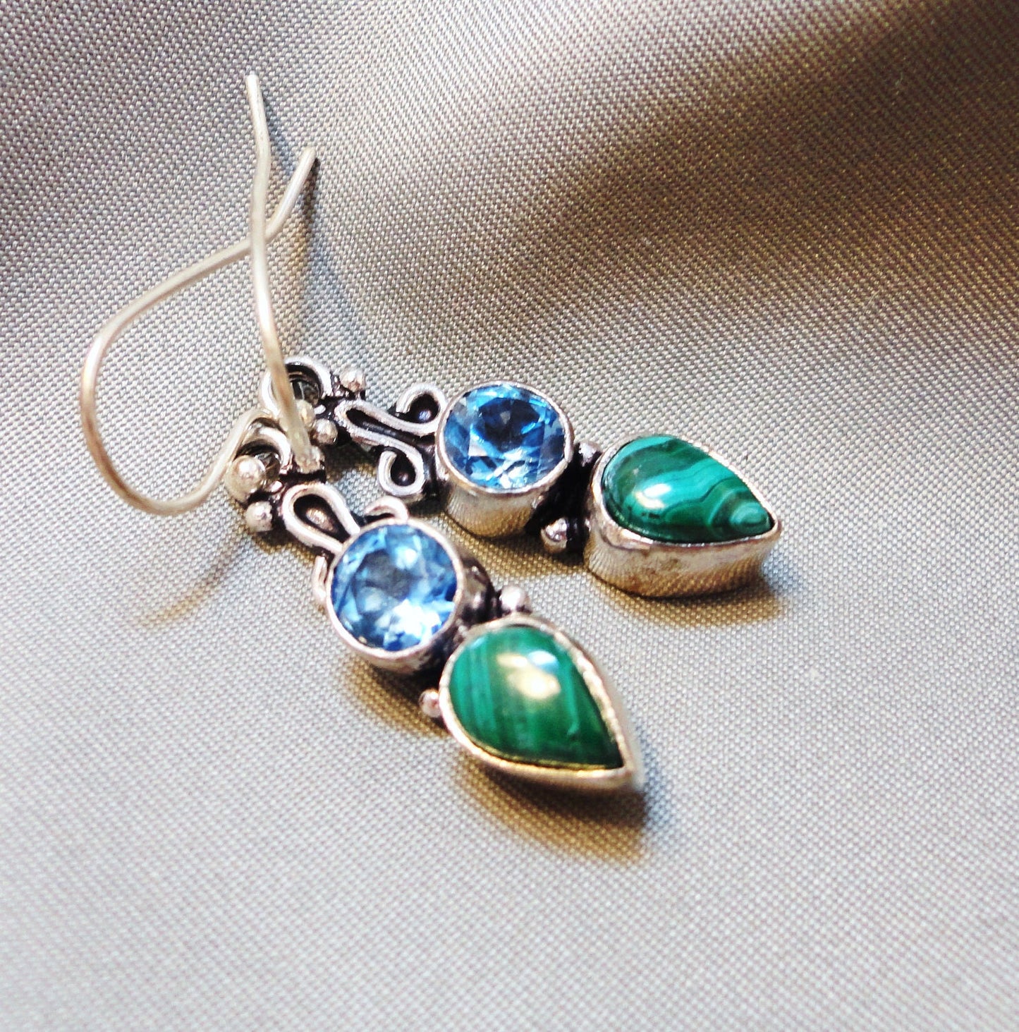 Malachite and Swiss Blue Topaz Encased in Silver