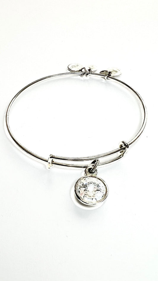 Alex and Ani - April Birthstone, Clear Crystal Charm Bangle, Tear Drop, Rafaian Silver, Stackable Bracelet, Collectable Gift for Her