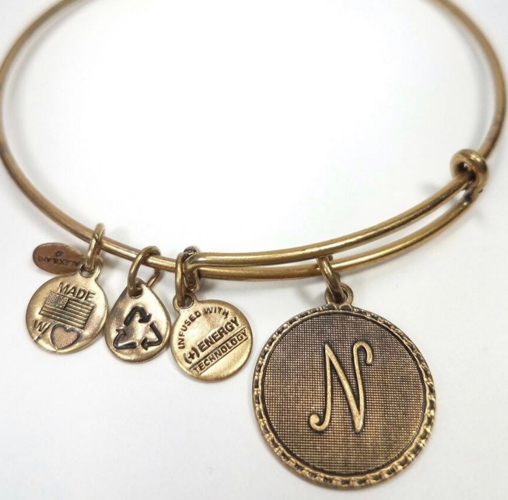 Alex and Ani - “N” Initial Bracelet Charm Bangle, Antique Gold, Rafaelian Silver® or Gold® Stackable, Adjustable Bracelet, Gift for Her