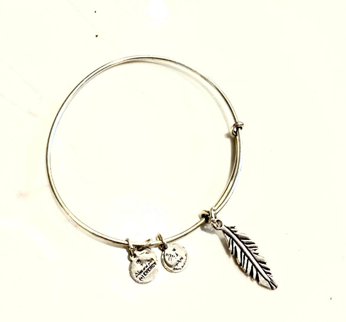 Alex and Ani - Feather Charm Bangle Slide Rafaelian Gold®, Collector’s Bracelet, With 3 Smaller Charms Dangle