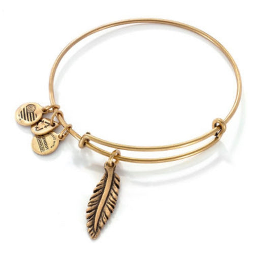 Alex and Ani - Feather Charm Bangle Slide Rafaelian Gold®, Collector’s Bracelet, With 3 Smaller Charms Dangle