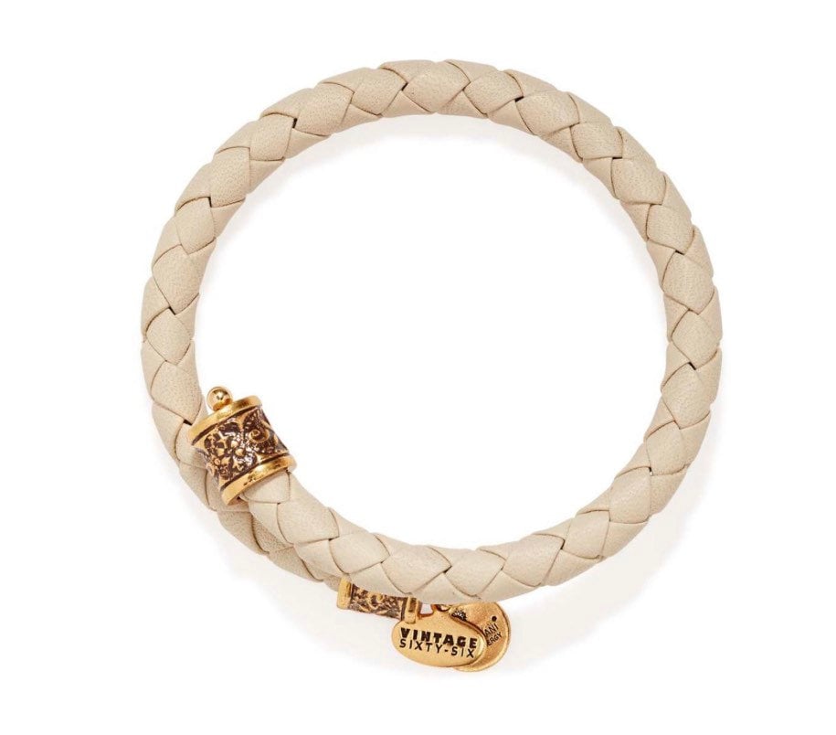 Alex and Ani - Beige Braided Leather Wrap Vintage 66 Series Bracelet Rafaelian Gold End Caps, Stackable, Adjustable, Gift for Her