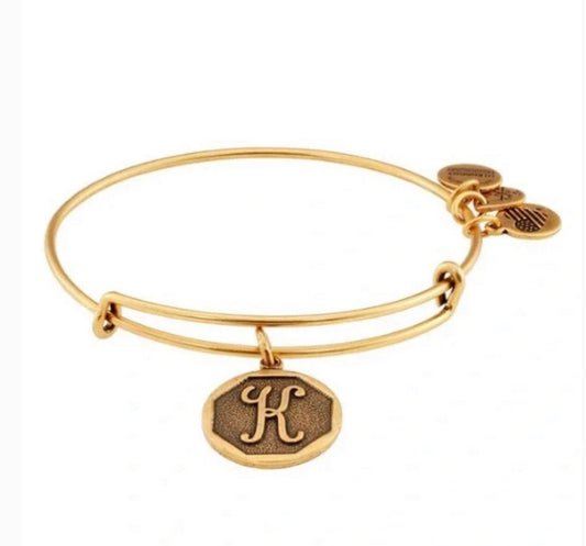 Alex and Ani - “K” Initial Bracelet Charm Bangle, Adjustable and Stackable, Rafaelian Gold/Silver, Collectors Gift, Retired Charm