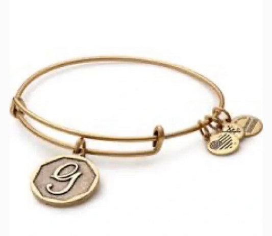 Alex and Ani - “G” Initial Bracelet Charm Bangle, Adjustable Rafaelian Silver, or Rafaelian Gold, Collectors Gift for Her, Retired Charm