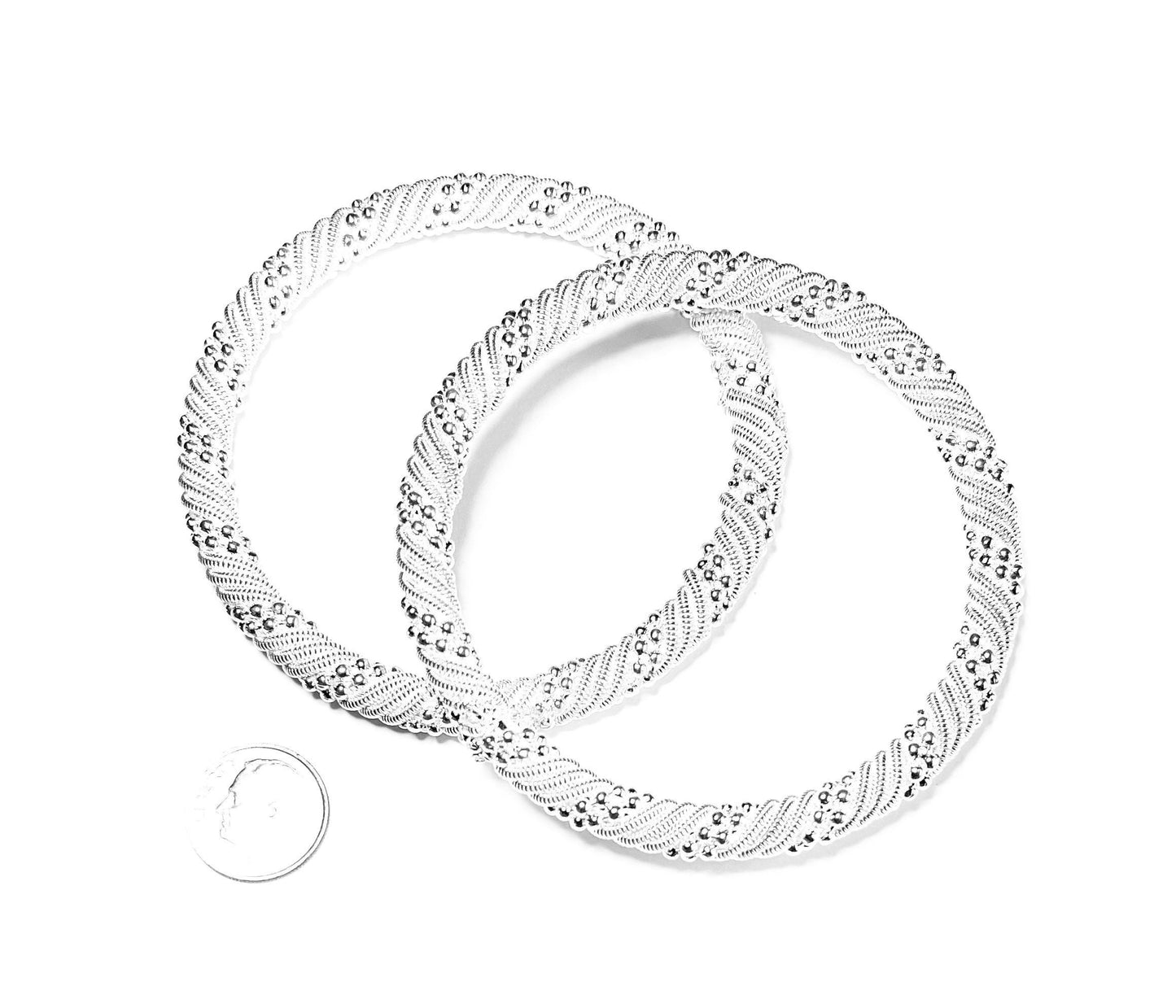 Two Shiny Silver Texture Bangle Bracelet, Gift for Her, Slide on Bracelets