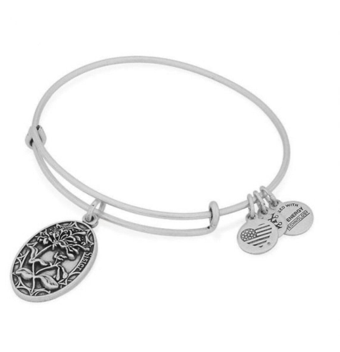 Alex and Ani - “Sister” Charm Slide Bangle Rafaelian Silver/Gold®, Pre Owned, Collector's Bracelet, With 3 Smaller Charms Dangle