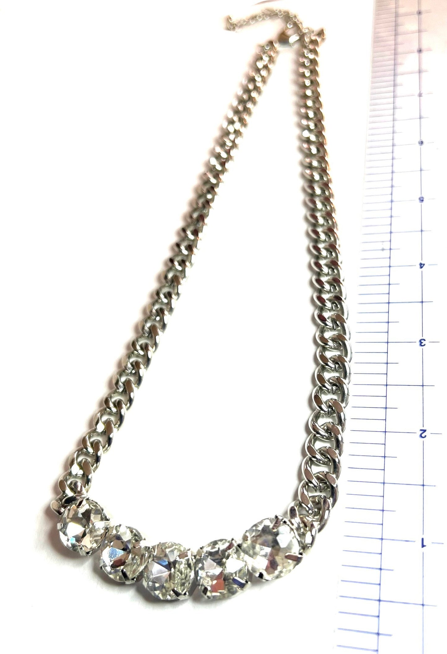 Rhinestone Renegade, 5 Large, 1/2” Clear with Fiery Flashes of Color Necklace in Shiny Silver Finish, Gift for Her