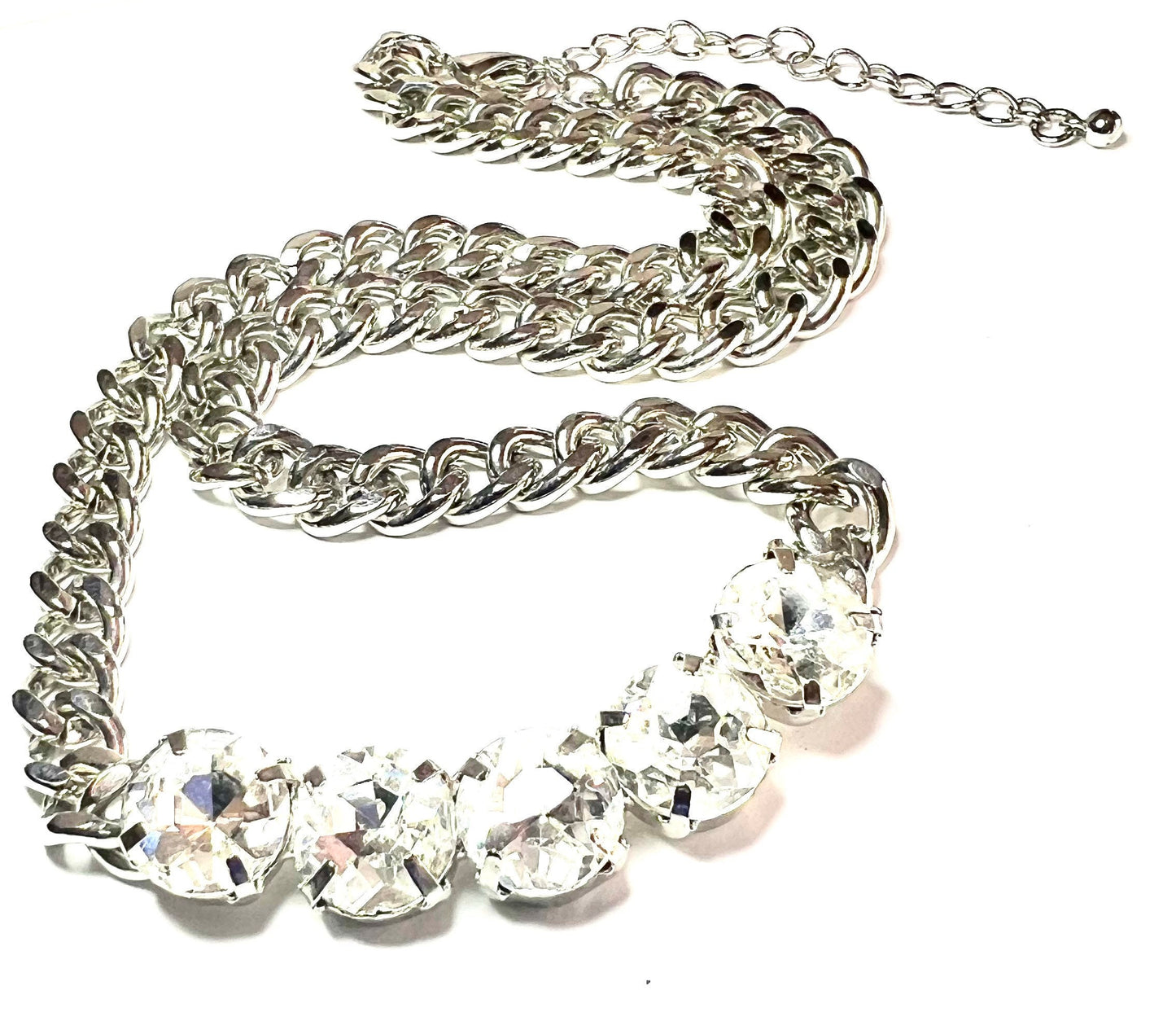 Rhinestone Renegade, 5 Large, 1/2” Clear with Fiery Flashes of Color Necklace in Shiny Silver Finish, Gift for Her
