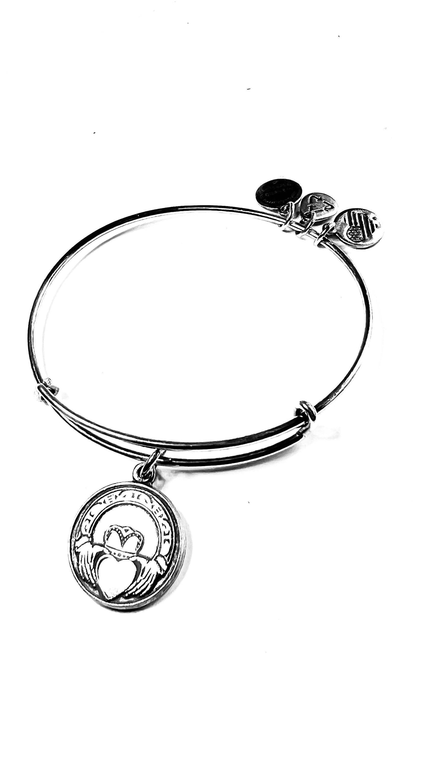 Alex and Ani -2 for 1- Claddagh with Clover Charm Bangle Bundle, Stackable & Adjustable Bracelets, Irish Charm, Rafaelian Gold/Silver EUC