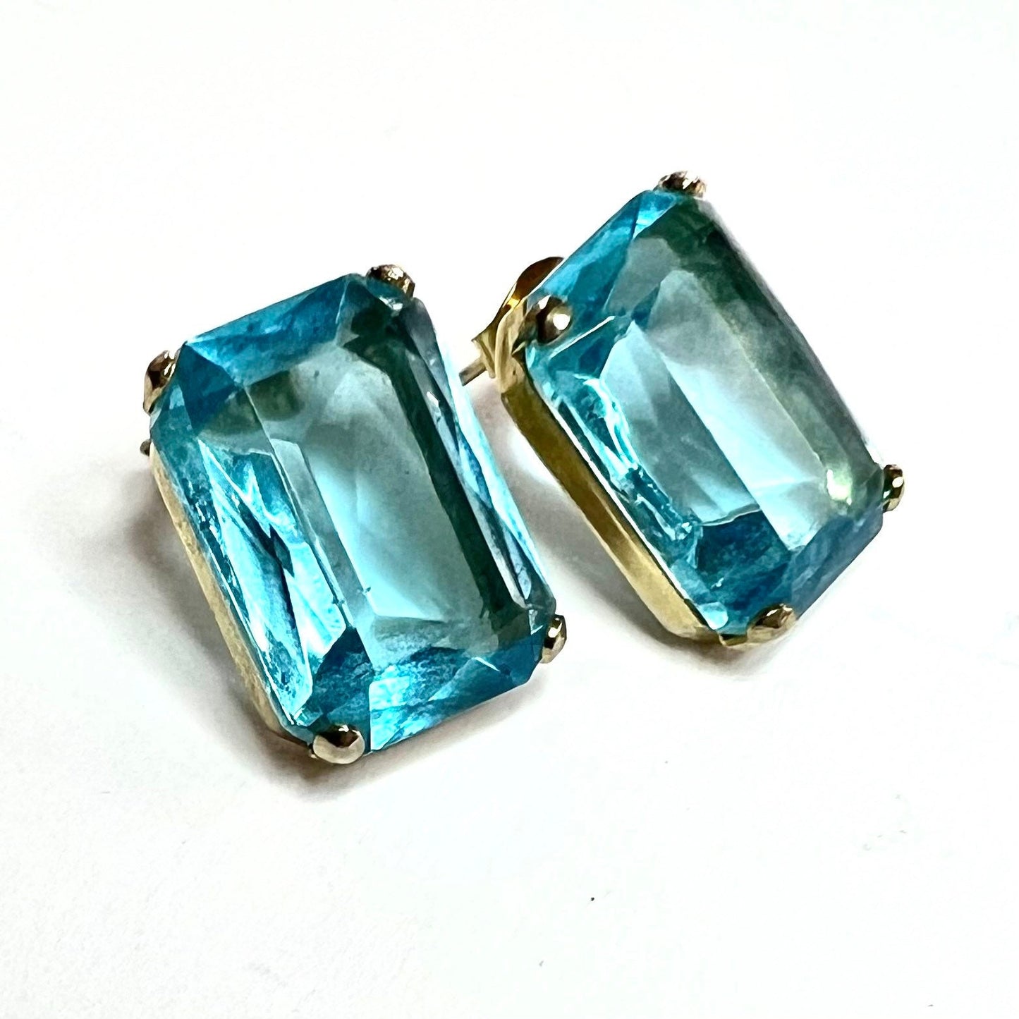 Imitation Blue Topaz Gold Tone Stud Pierced Earrings, Emerald Cut, Contemporary Earrings, Gift for Her