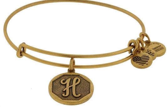 Alex and Ani - “H” Initial Bracelet Charm Bangle, Adjustable and Stackable, Antique Gold, Rafaelian Gold, Collectors Gift, Retired Charm