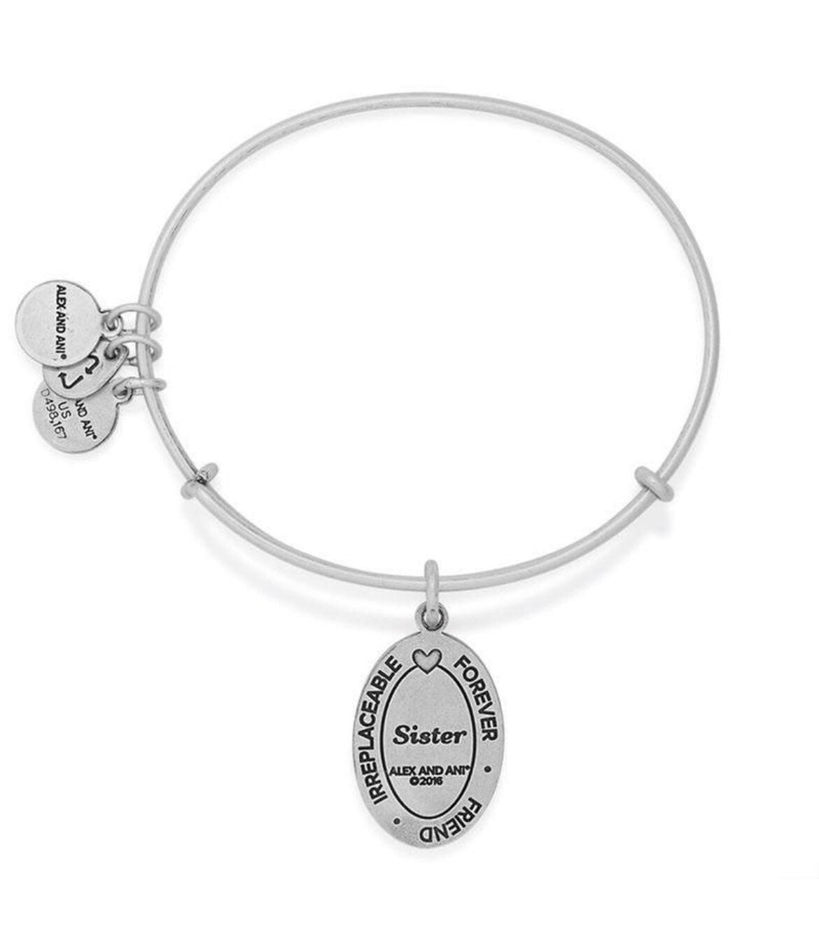 Alex and Ani - “Sister” Charm Slide Bangle Rafaelian Silver/Gold®, Pre Owned, Collector's Bracelet, With 3 Smaller Charms Dangle