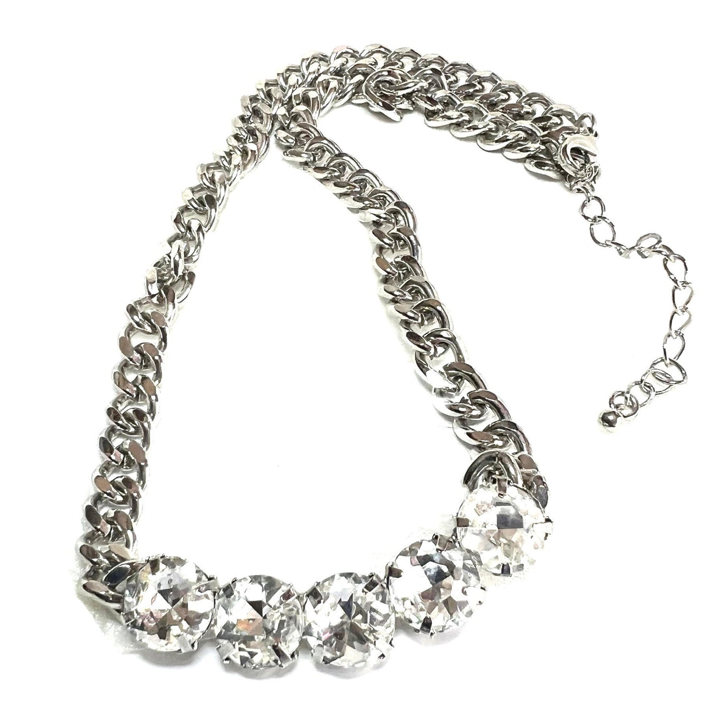 Rhinestone Renegade, 5 Large, 1/2” Clear with Fiery Flashes of Color Necklace in Shiny Silver Finish, Gift for Her