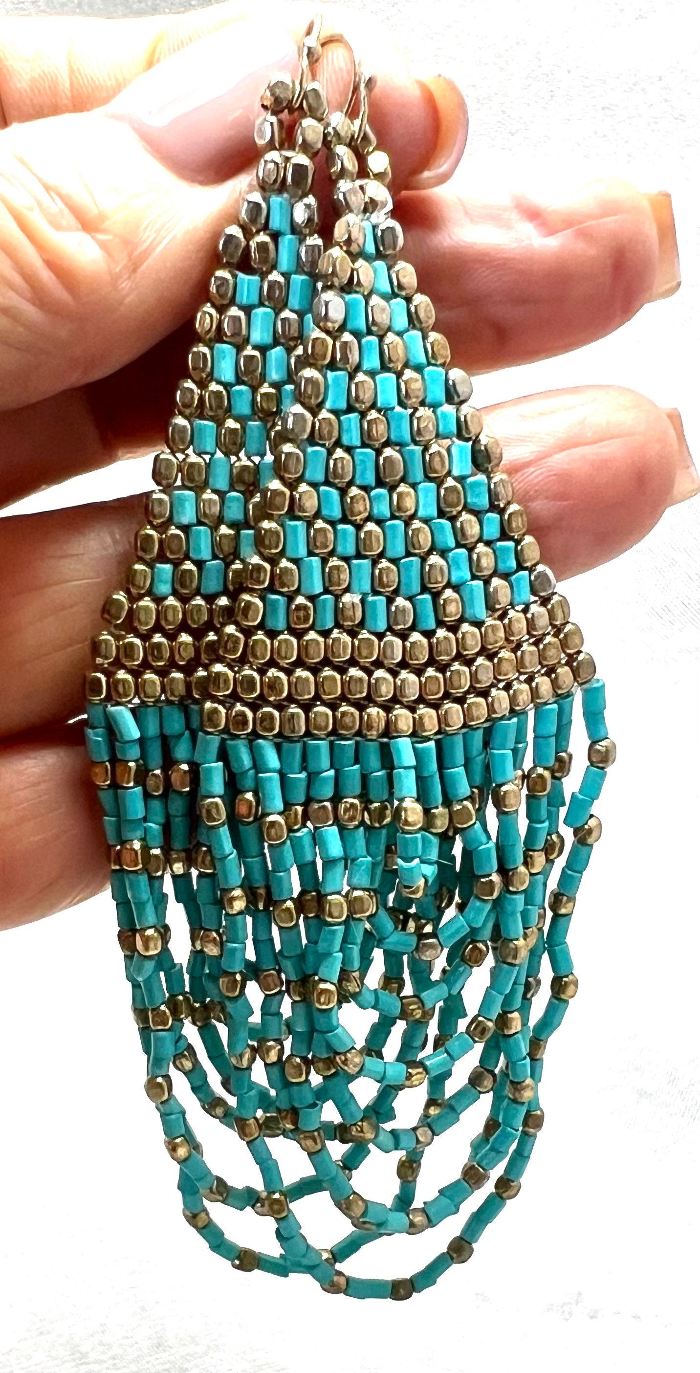 Turquoise and Brass Beaded Boho Style Long Earrings, Gift for Her