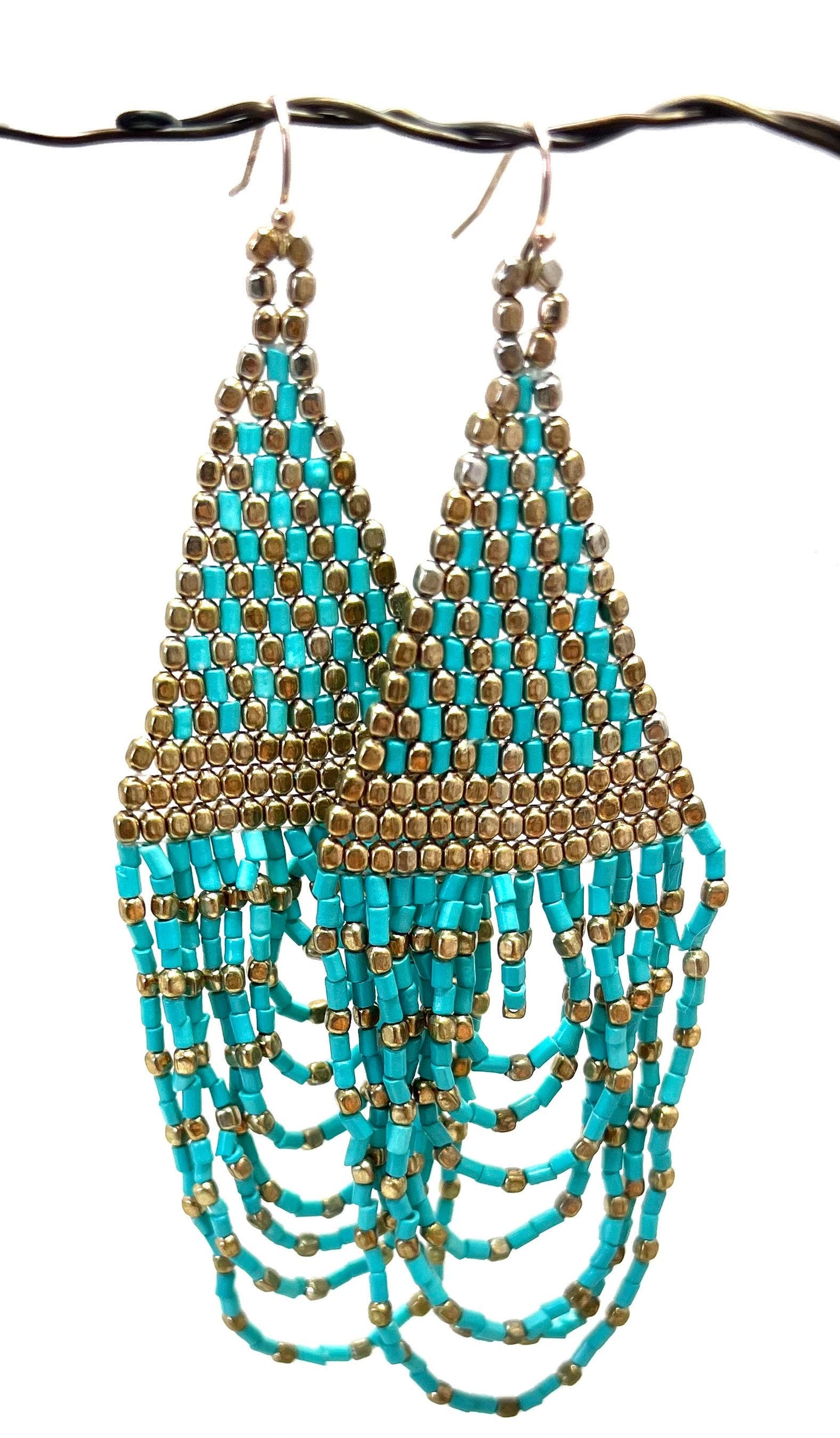 Turquoise and Brass Beaded Boho Style Long Earrings, Gift for Her