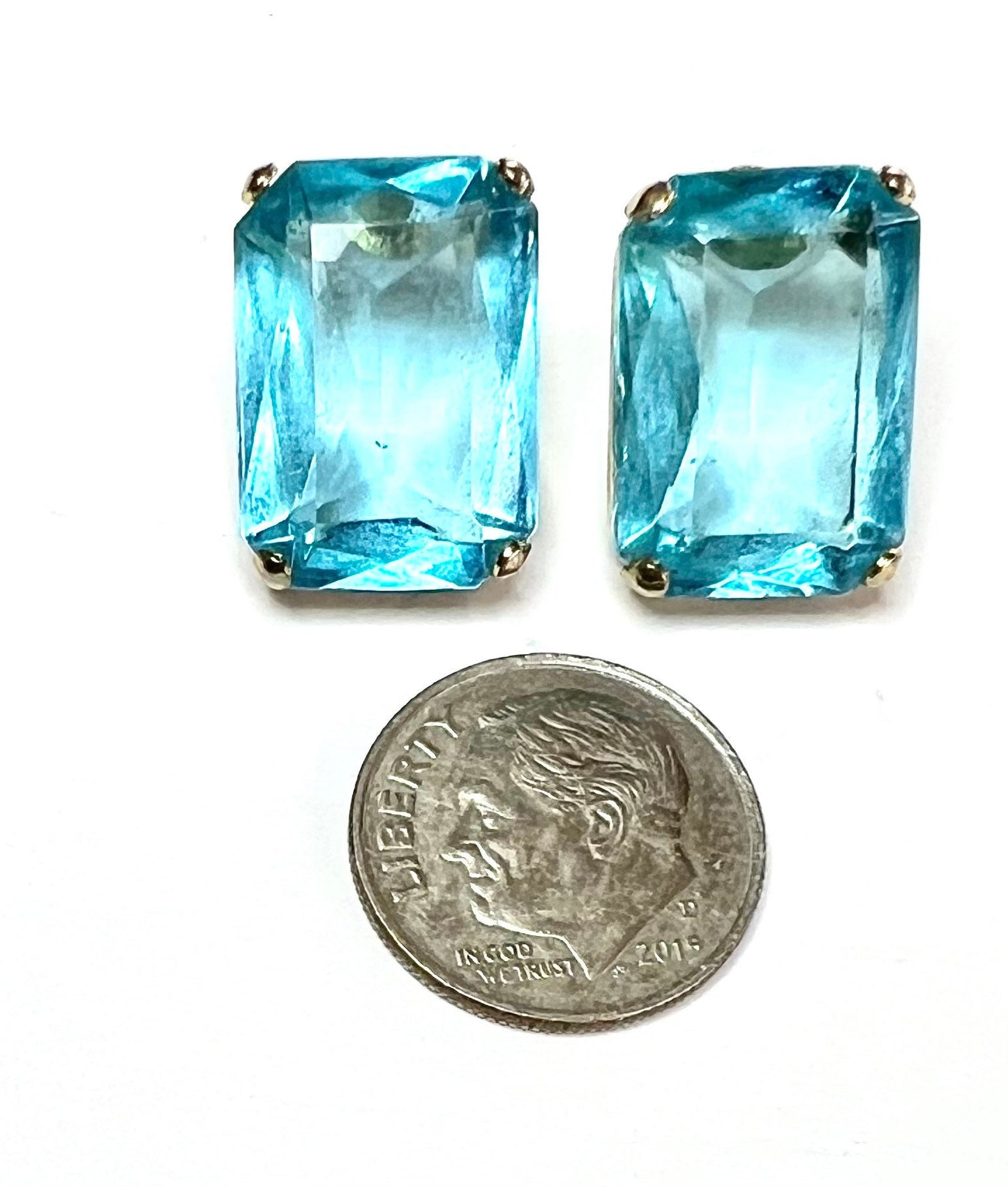 Imitation Blue Topaz Gold Tone Stud Pierced Earrings, Emerald Cut, Contemporary Earrings, Gift for Her