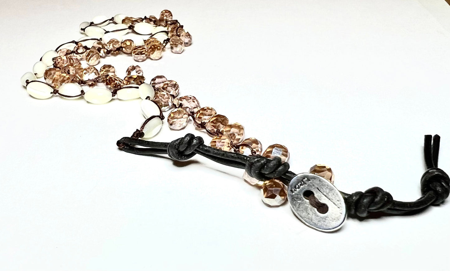 Lizou Collection - Leather, Crystal & Mother of Pearl Beaded 3 Times Wrap Bracelet, Gift for Her