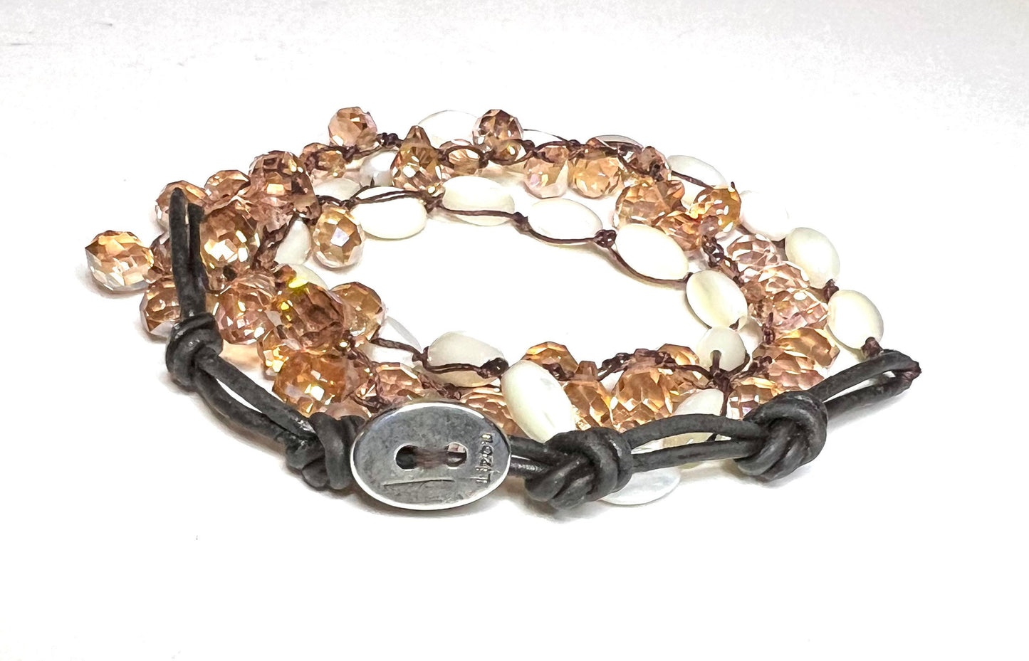 Lizou Collection - Leather, Crystal & Mother of Pearl Beaded 3 Times Wrap Bracelet, Gift for Her