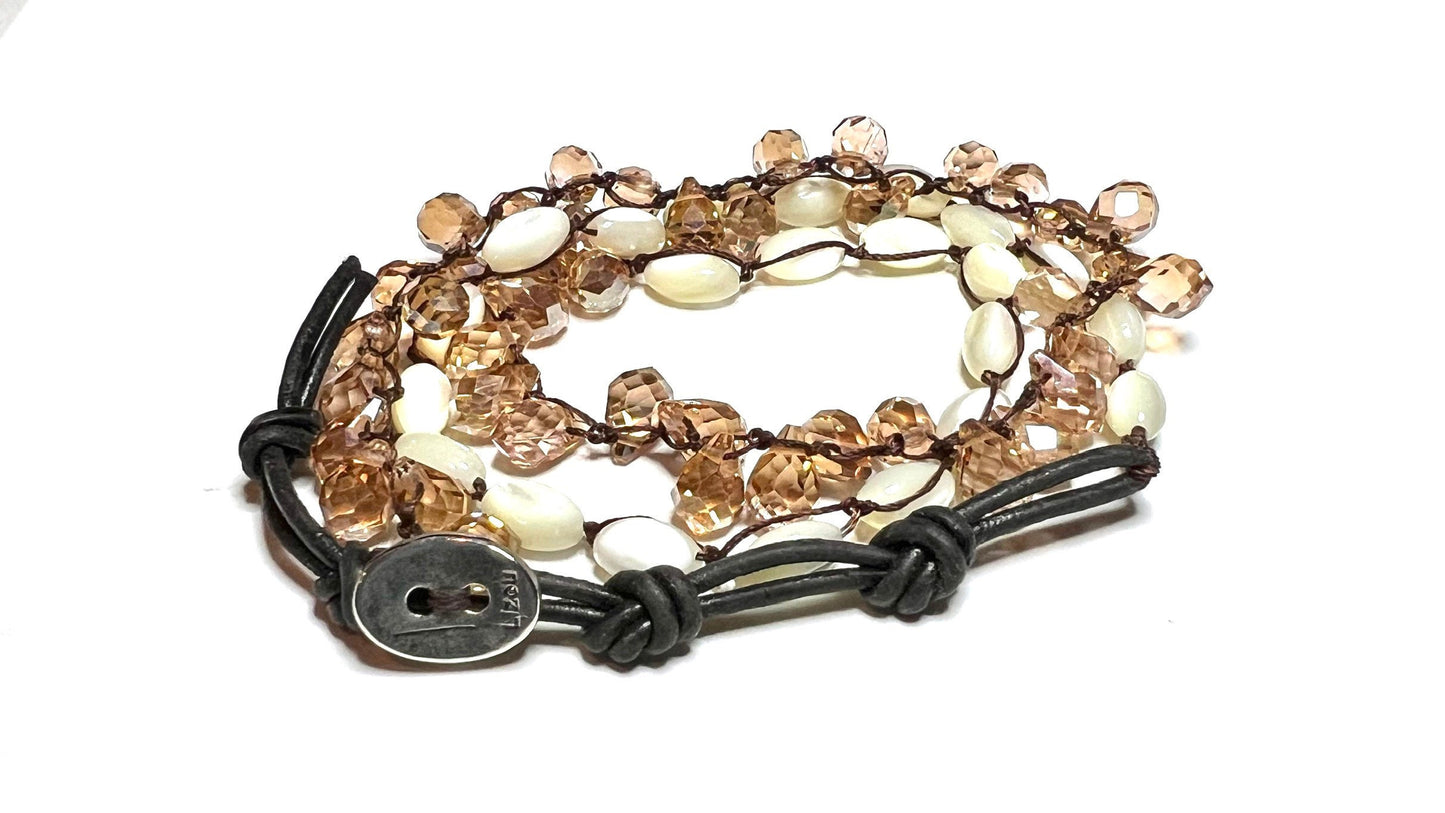 Lizou Collection - Leather, Crystal & Mother of Pearl Beaded 3 Times Wrap Bracelet, Gift for Her