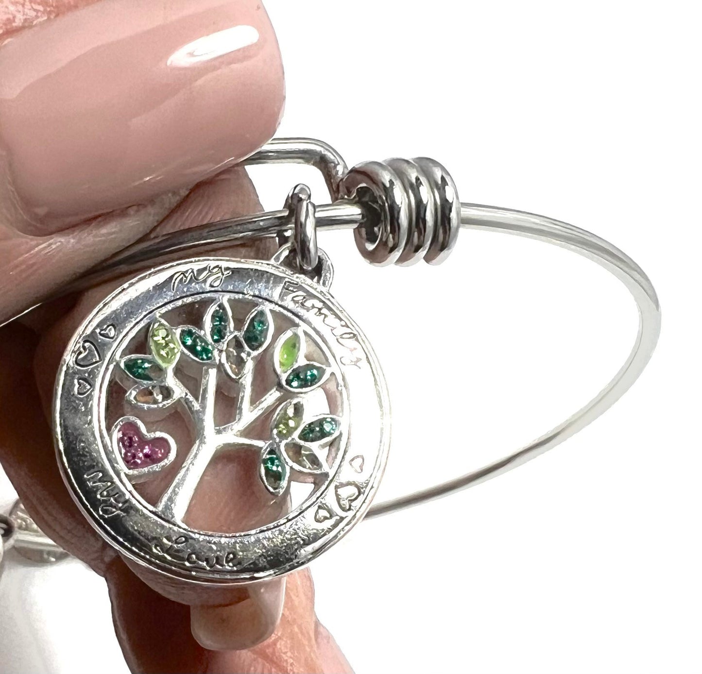 My Family, My Love Charm, Stainless Steel Family Tree Bangle Bracelet with Two Smaller Charms