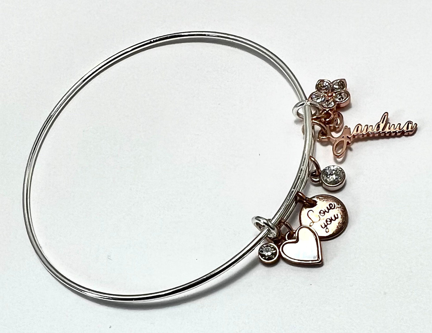 Stainless Steel "Grandma" Bangle with Mother of Pearl and Cubic Zirconia Charms - 6 Rose Gold Charms, Gift For Her