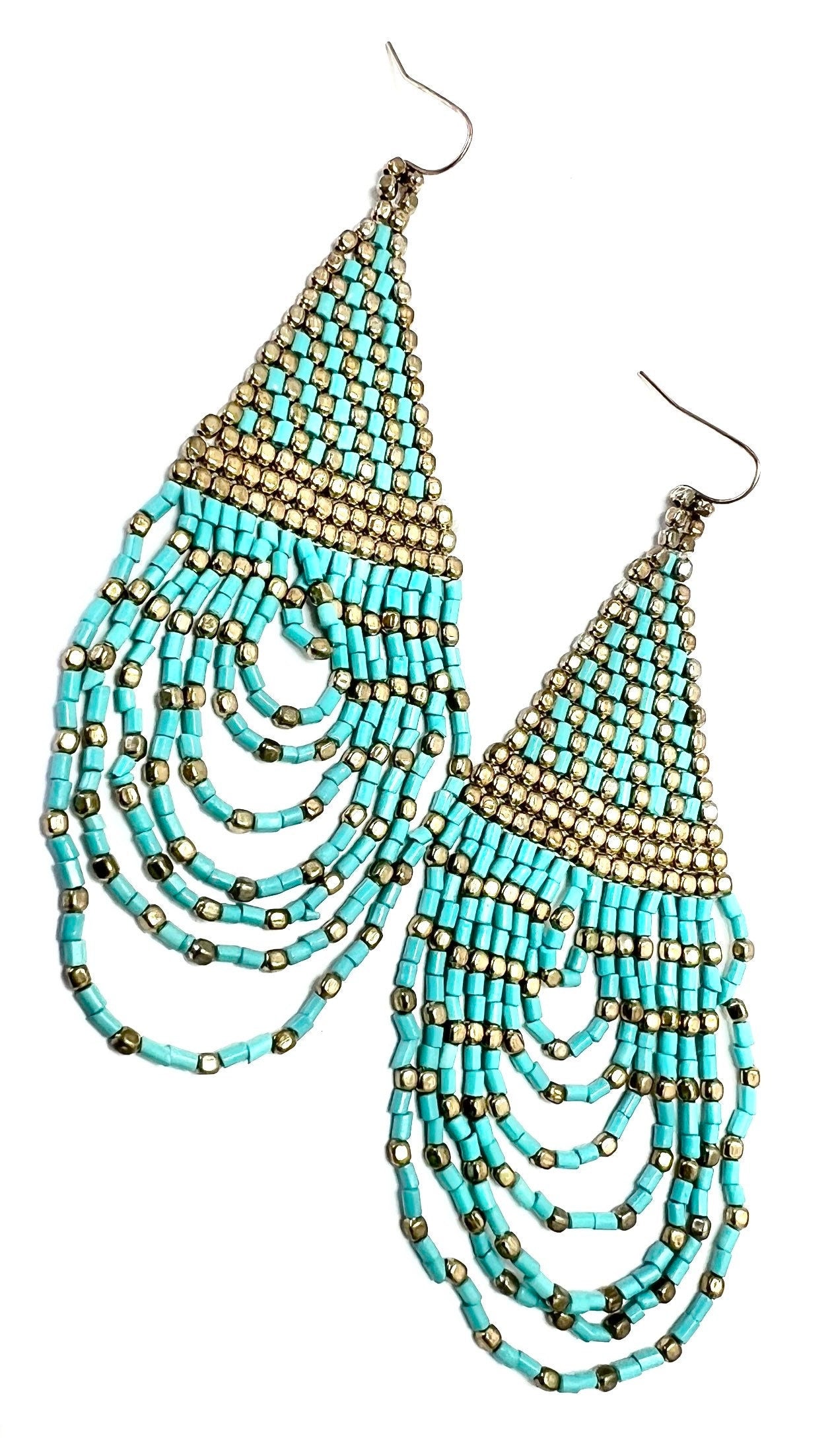 Turquoise and Brass Beaded Boho Style Long Earrings, Gift for Her