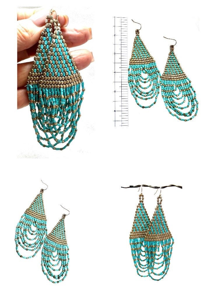 Turquoise and Brass Beaded Boho Style Long Earrings, Gift for Her