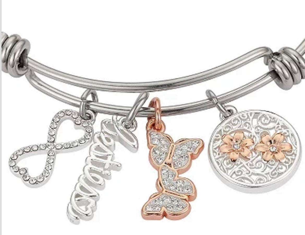 Love My Life, Besties Bracelet, Bangle, Stainless Steel With Rose, Gold Accents Charms, Adjustable Bangle, Gift For Her