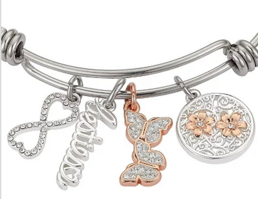 Love My Life, Besties Bracelet, Bangle, Stainless Steel With Rose, Gold Accents Charms, Adjustable Bangle, Gift For Her