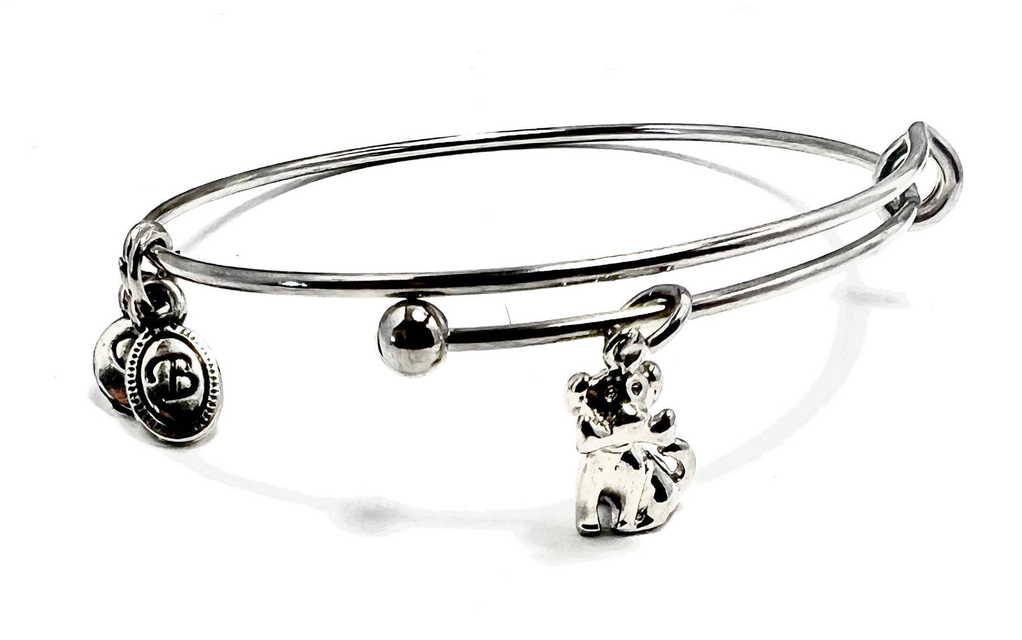 Dog Holding A Bone In It’s Mouth Charm on Stainless Steel Adjustable Bangle Bracelet with 2 Smaller Charms, For Dog Lovers, Gift For Her