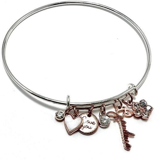Stainless Steel "Grandma" Bangle with Mother of Pearl and Cubic Zirconia Charms - 6 Rose Gold Charms, Gift For Her