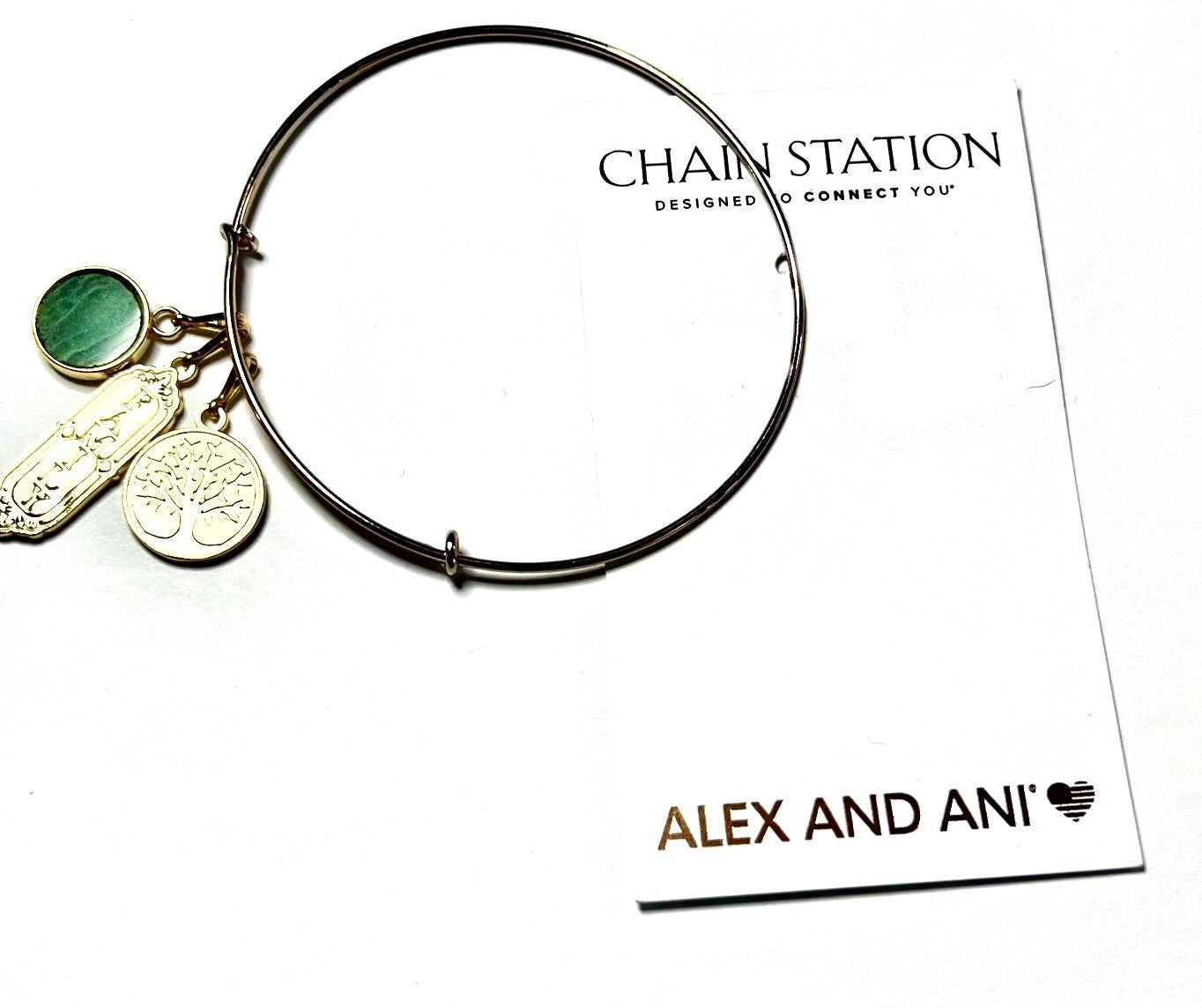 Alex and Ani - 3 Charm Set, 14k Gold Plated Family Set Station Charms on a Gold Bangle