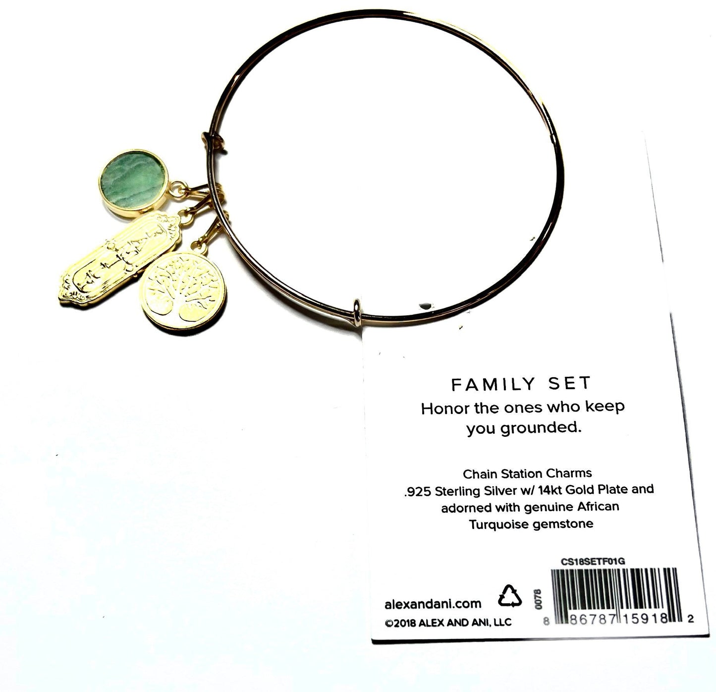 Alex and Ani - 3 Charm Set, 14k Gold Plated Family Set Station Charms on a Gold Bangle