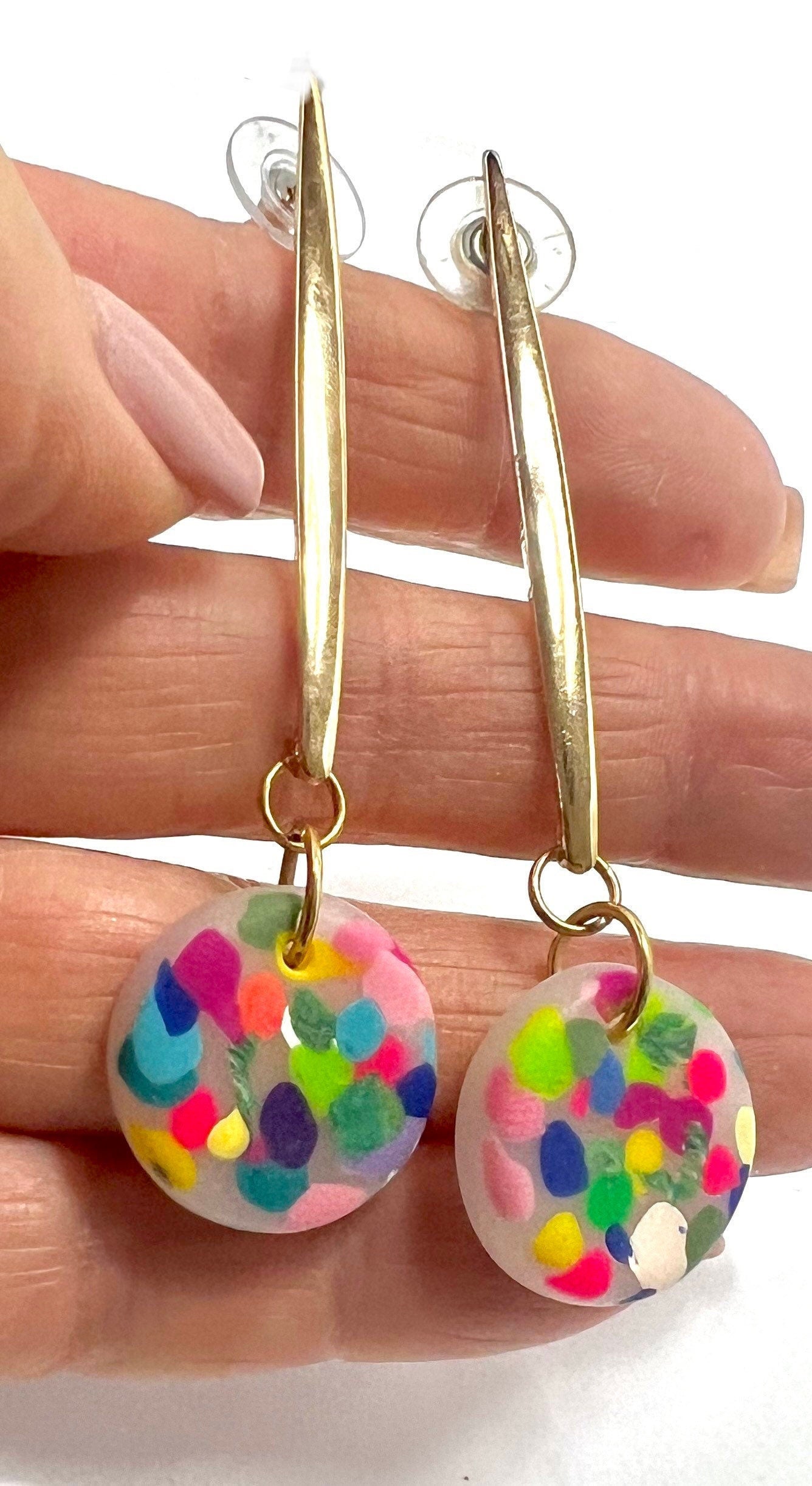 Long, Gold, and Bright Acrylic Earrings, Fun Dangle Pierced Earrings