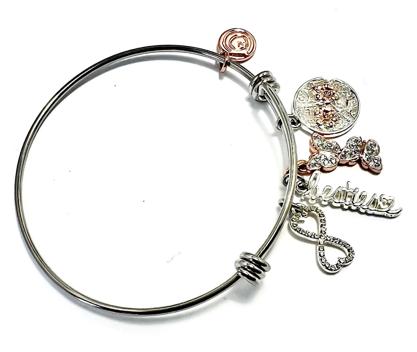 Love My Life, Besties Bracelet, Bangle, Stainless Steel With Rose, Gold Accents Charms, Adjustable Bangle, Gift For Her