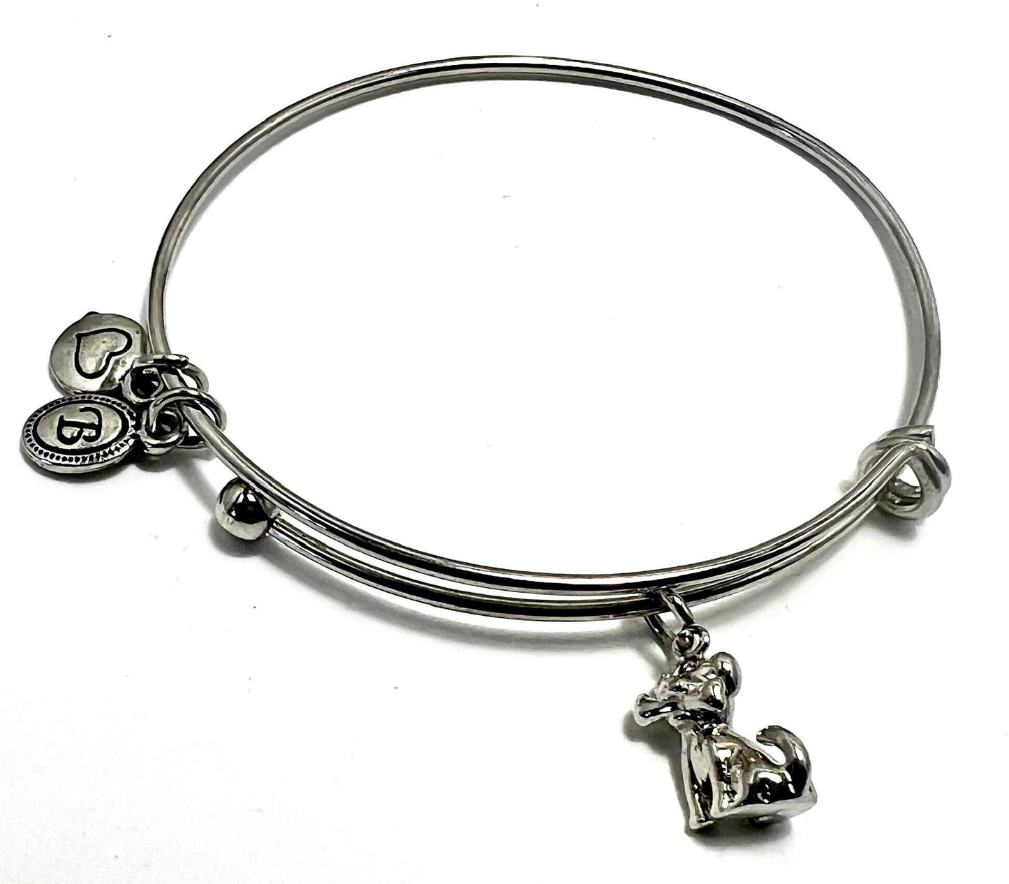 Dog Holding A Bone In It’s Mouth Charm on Stainless Steel Adjustable Bangle Bracelet with 2 Smaller Charms, For Dog Lovers, Gift For Her