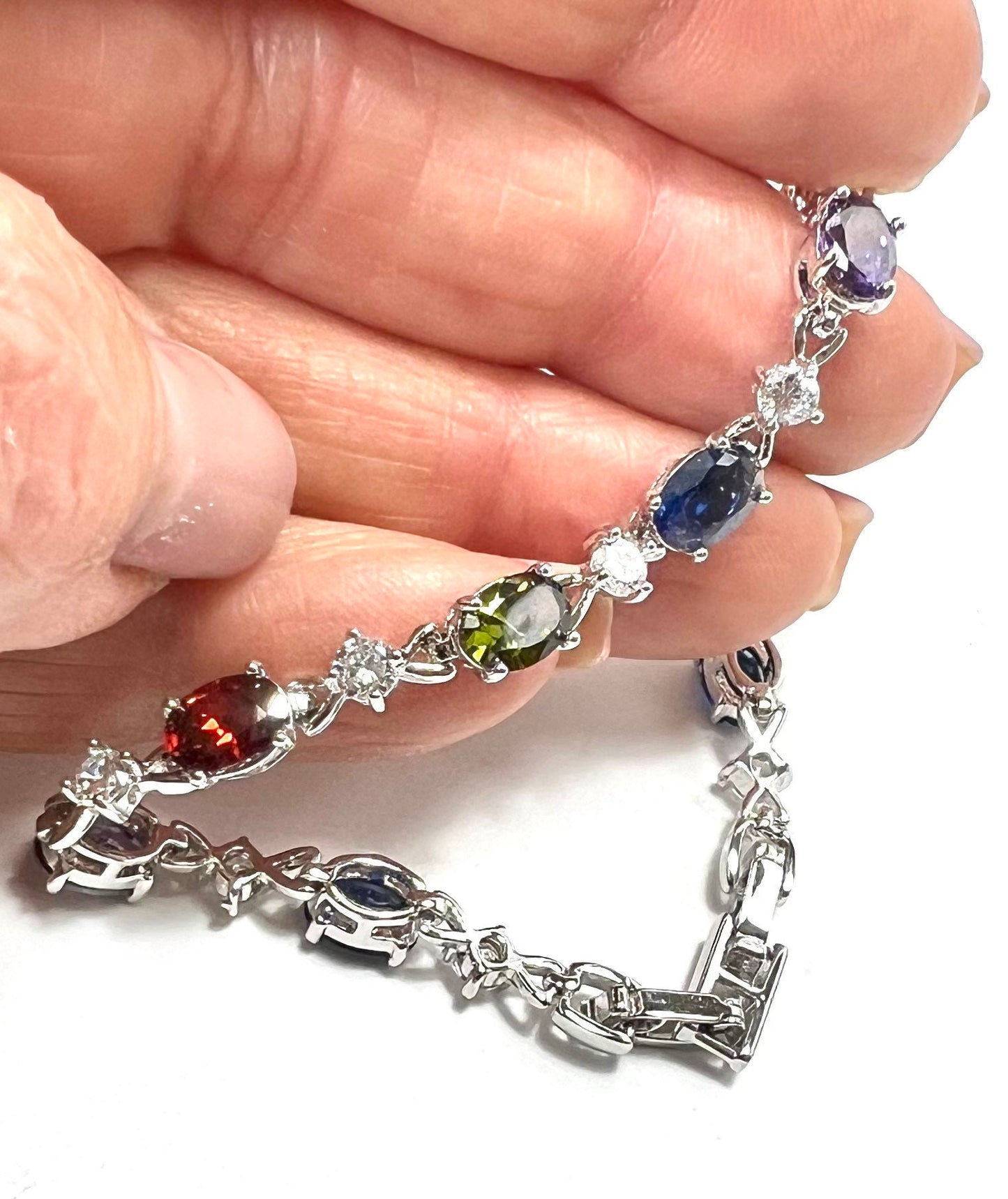 Classic Tennis Bracelet Oval Princess Cut Multi Colored CZ Shiny Silver Tone,  A Gift for Her