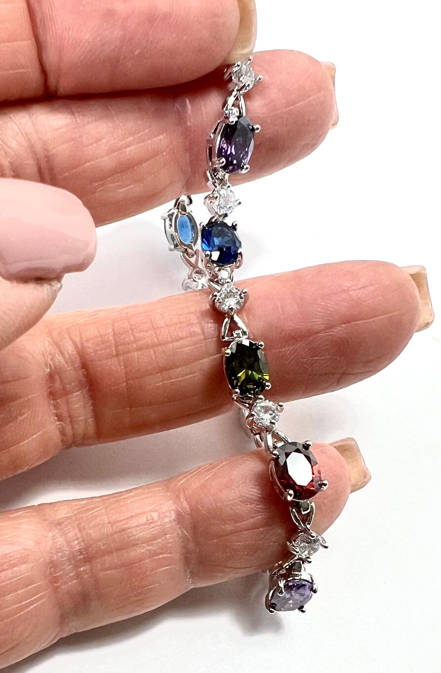 Classic Tennis Bracelet Oval Princess Cut Multi Colored CZ Shiny Silver Tone,  A Gift for Her