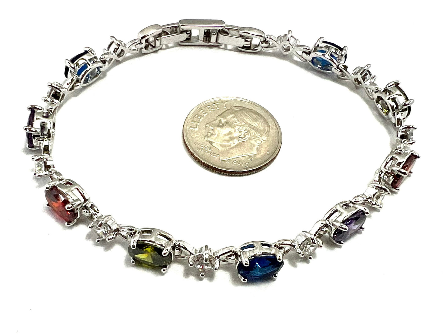 Classic Tennis Bracelet Oval Princess Cut Multi Colored CZ Shiny Silver Tone,  A Gift for Her