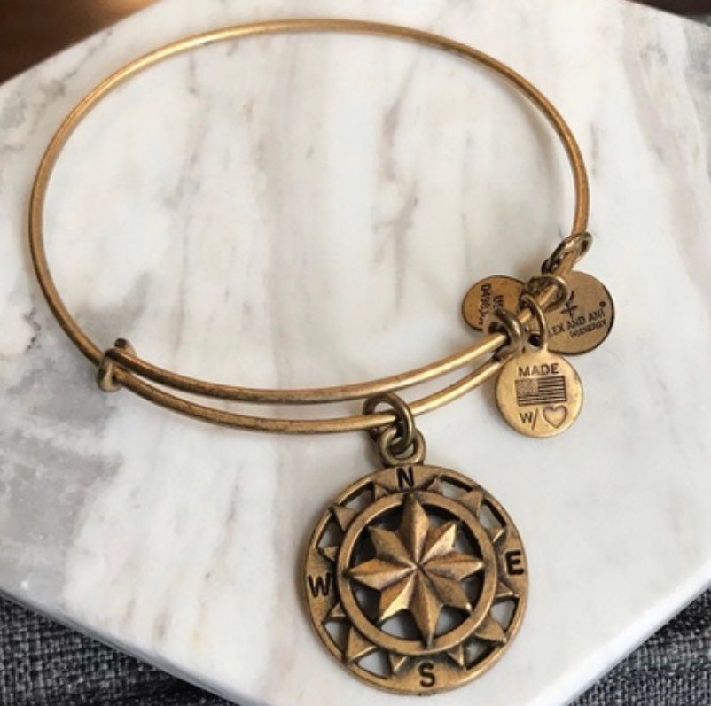 Alex and Ani - Compass Charm Silver Bangle Bracelet, 3 Different Styles, Rafaelian Silver, Meaningful Message, Collectors Gift For Her