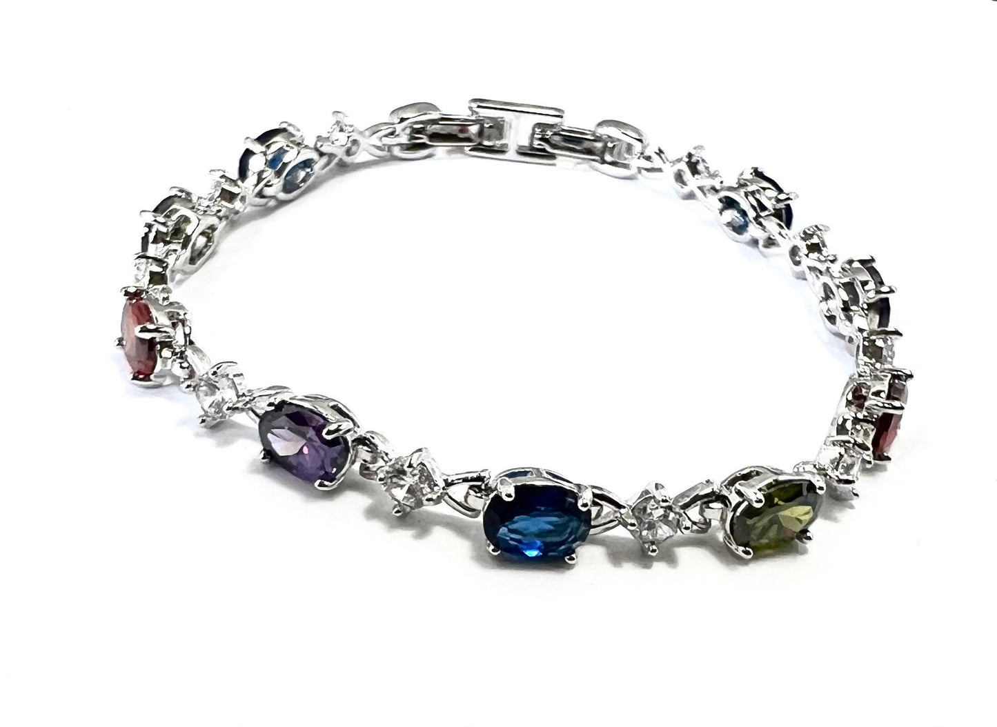 Classic Tennis Bracelet Oval Princess Cut Multi Colored CZ Shiny Silver Tone,  A Gift for Her