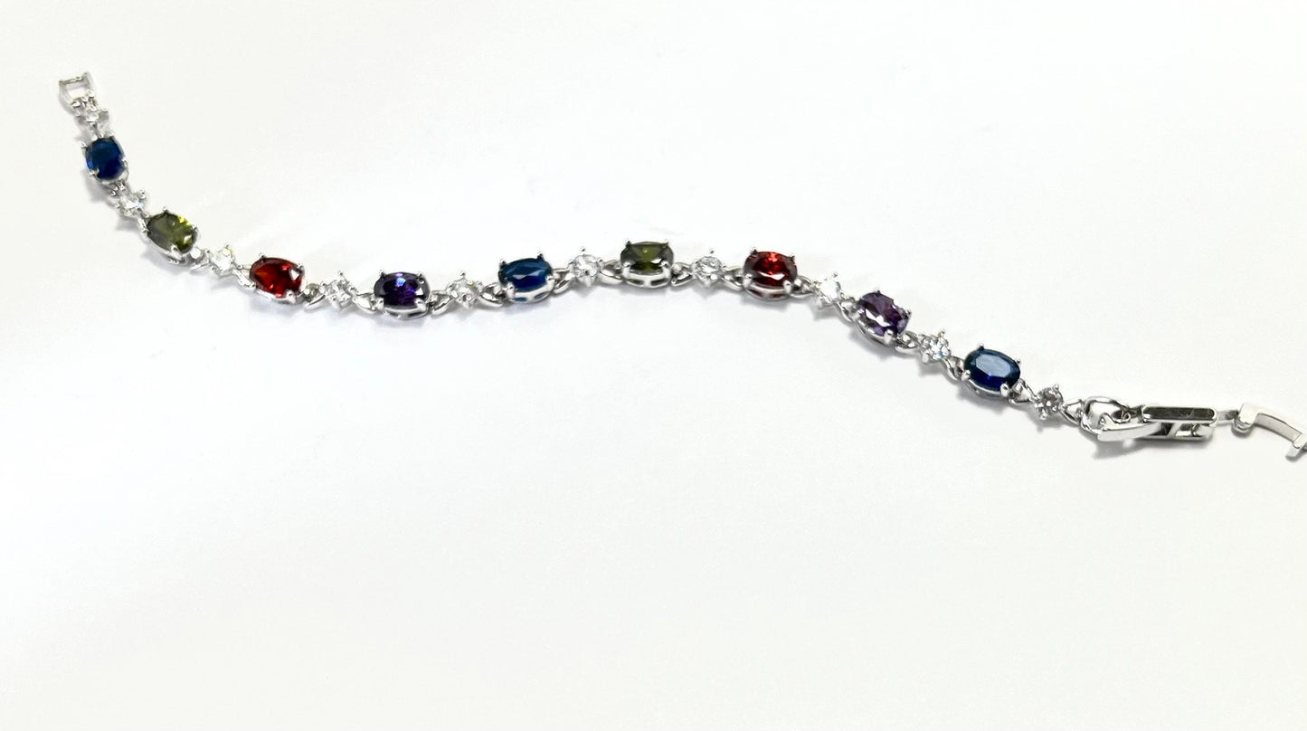 Classic Tennis Bracelet Oval Princess Cut Multi Colored CZ Shiny Silver Tone,  A Gift for Her