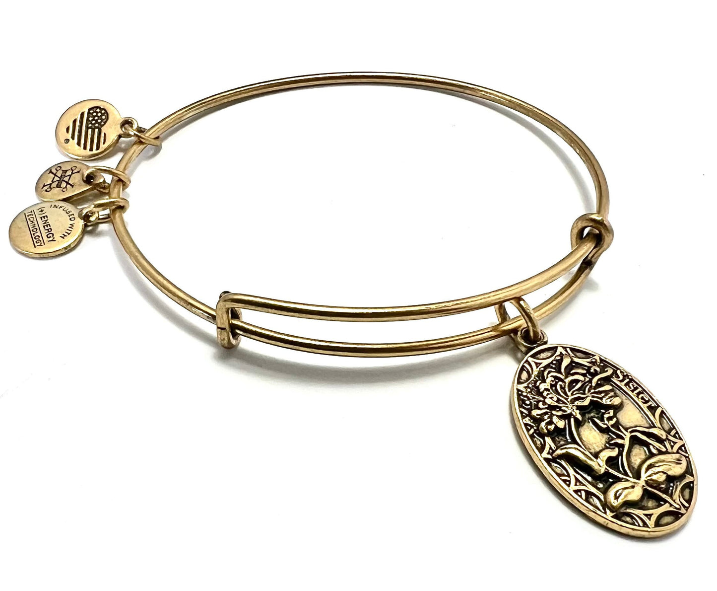 Alex and Ani - “Sister” Charm Slide Bangle Rafaelian Silver/Gold®, Pre Owned, Collector's Bracelet, With 3 Smaller Charms Dangle