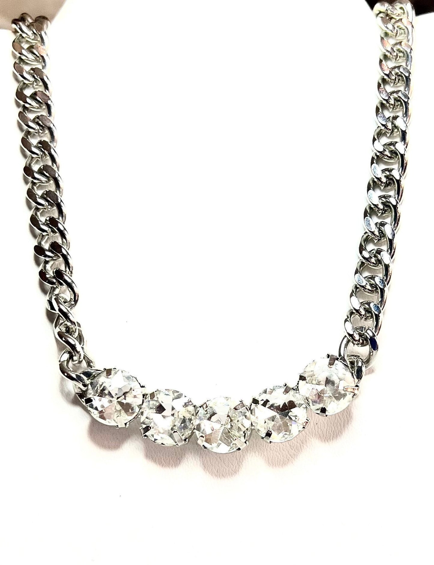 Rhinestone Renegade, 5 Large, 1/2” Clear with Fiery Flashes of Color Necklace in Shiny Silver Finish, Gift for Her