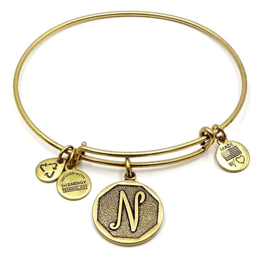 Alex and Ani - “N” Initial Bracelet Charm Bangle, Antique Gold, Rafaelian Silver® or Gold® Stackable, Adjustable Bracelet, Gift for Her