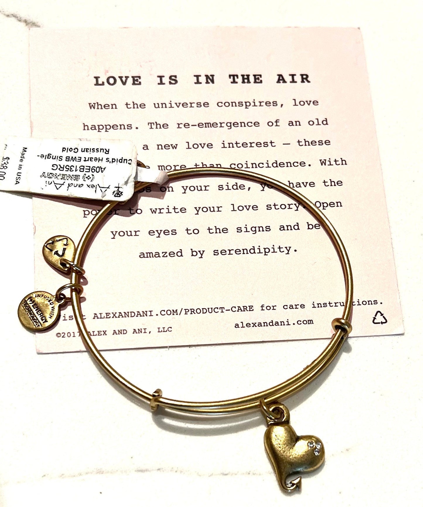 Alex and Ani - Cupid’s Heart With Three Crystals Charm Bangle Rafaelian Gold, Gift For Valentine's Day or Give To Your Love One