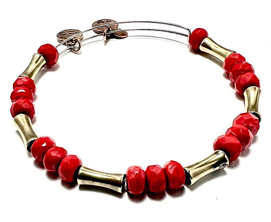 Alex and Ani - Glade Amaranth Gold Bangle With Red Glass Beads - Shiny Rafaelian Silver, Adjustable, Collectable Gift for Her