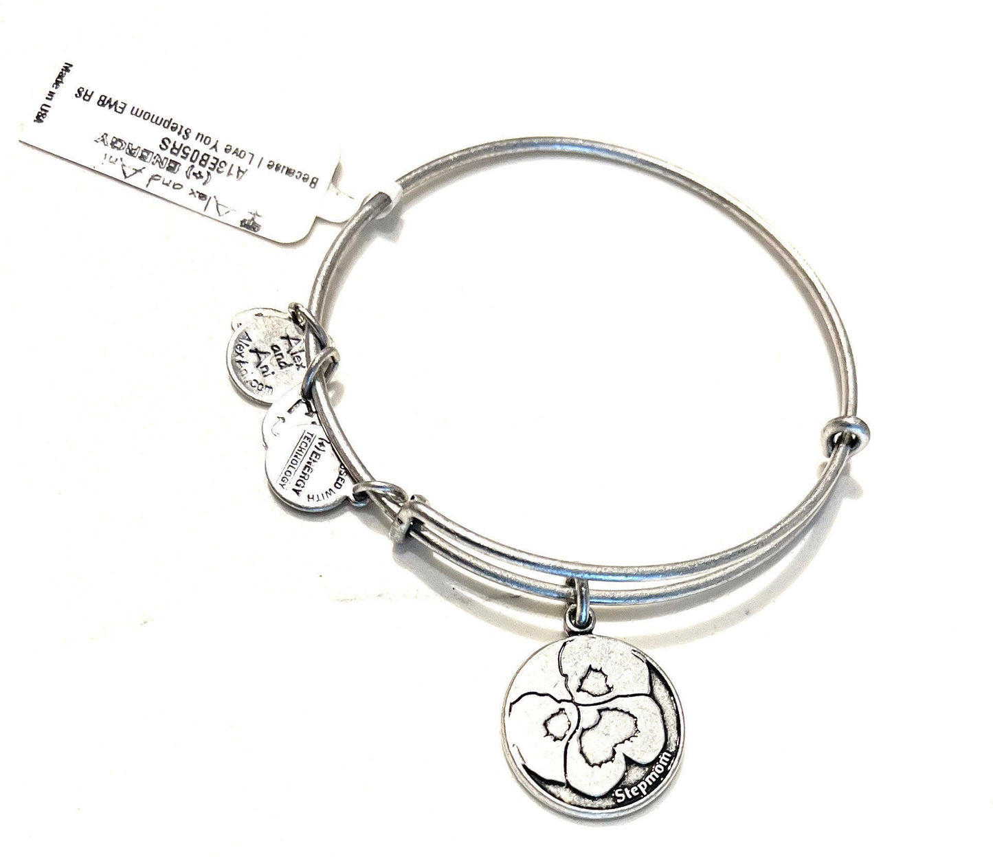 Alex and Ani - because I Love You Step Mom Charm Bangle in Rafaelian Silver® Bracelet, Collector's Item Gift for Mom, Mother’s Day