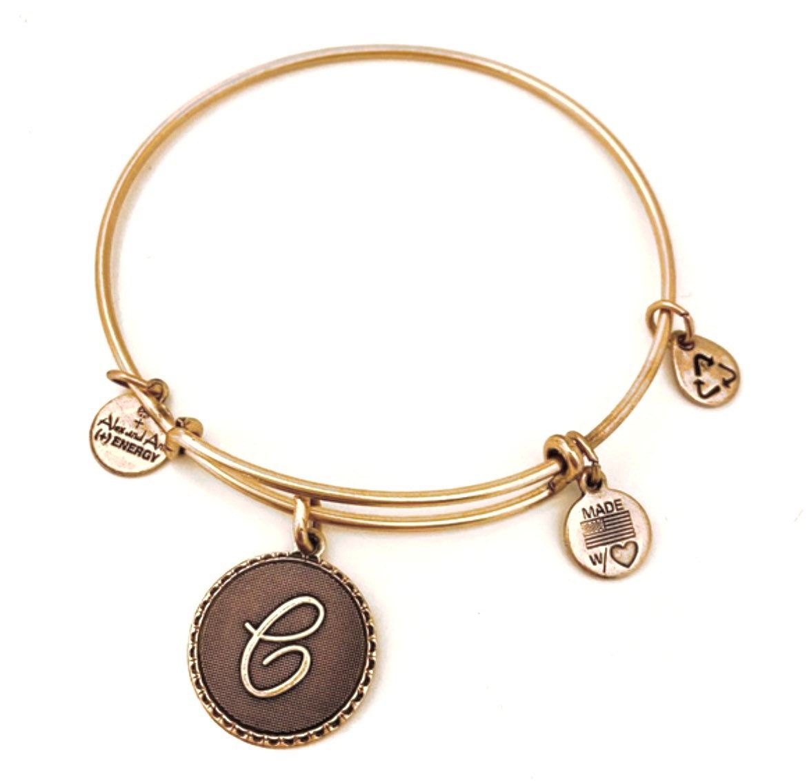 Alex and Ani - “C” Initial Bracelet Bangle, Various Design Charms Available,, Rafaelian Gold/Silver/Rose Gold, Retired & Rare Charm